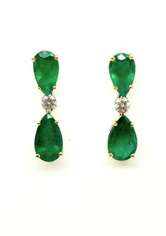 Pear Shaped Emerald And Diamond  Drop Earrings In 14k Yellow Gold
