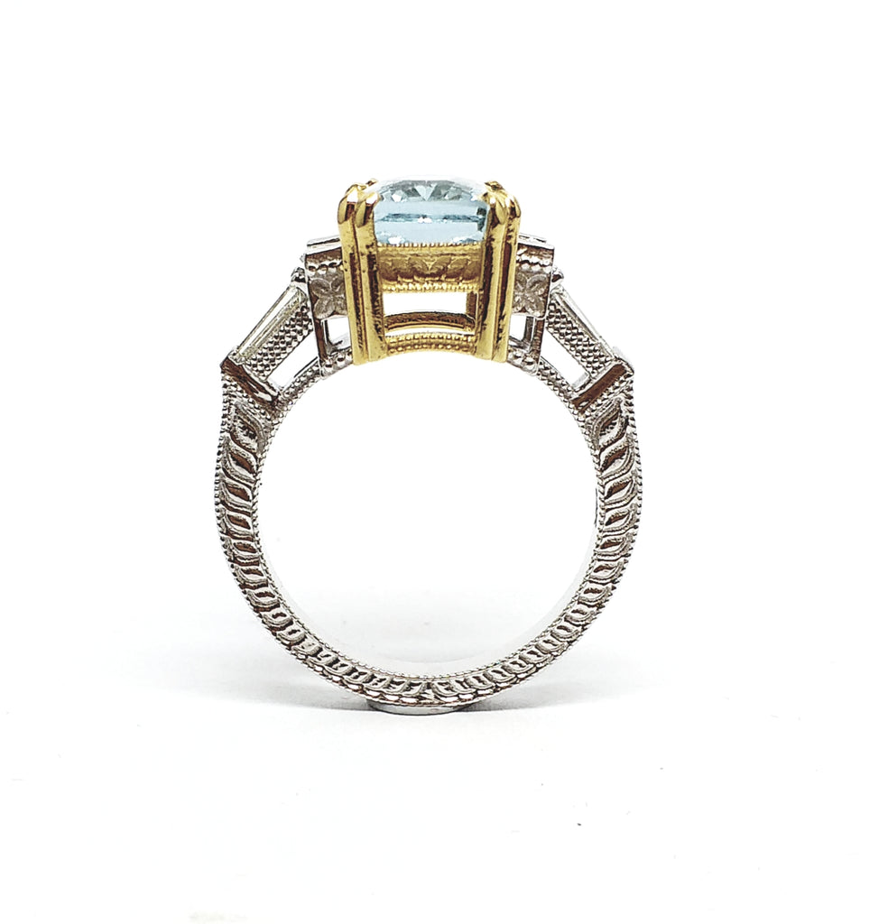 Hand-Engraved Aquamarine and  Diamond  Ring