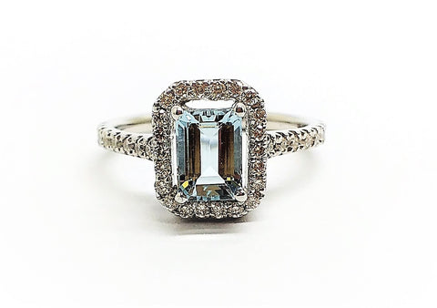 Emerald Cut Aquamarine Ring with Diamond Halo in 14k white Gold,AD NO 2106