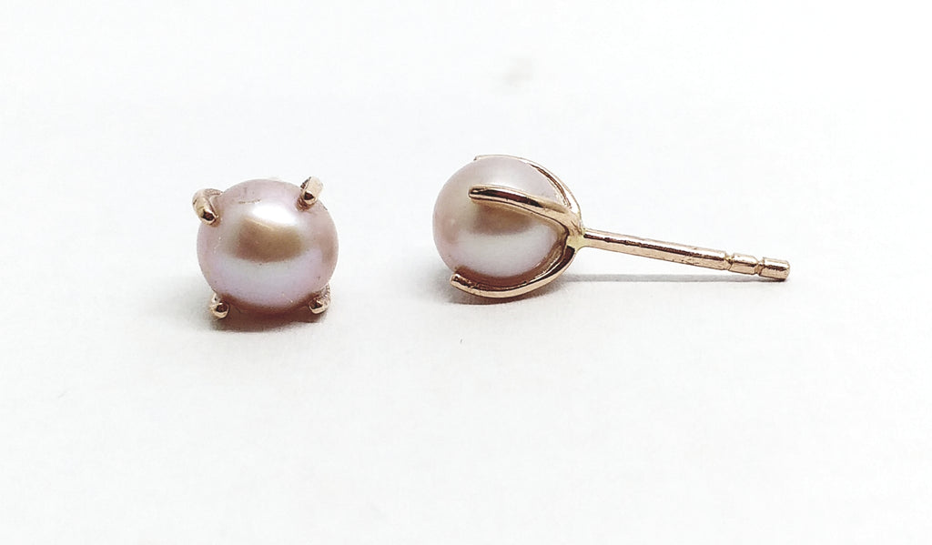 Button Pearl Stud Earrings in 14k Rose Gold