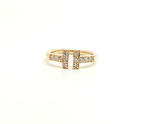 Mini Diamond Open  T  Stackable Fashion Ring in 14k Rose Gold