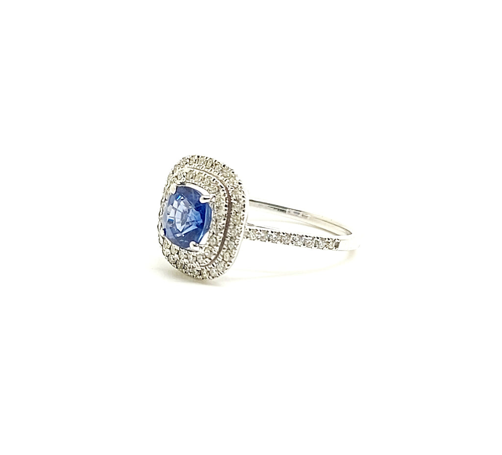 Classic Halo Diamond Ring with Cushion Sapphire in 14k White Gold