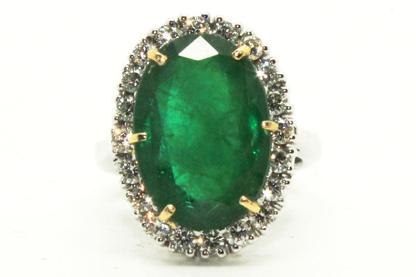 Large Emerald And Diamond Cluster Ring In 14k Yellow & White Gold
