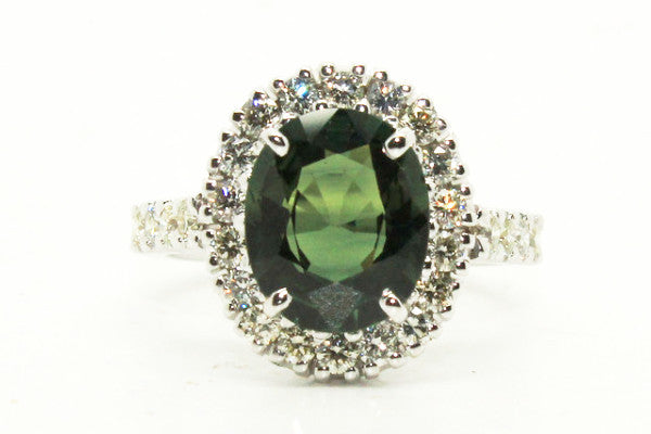 Green Sapphire And Diamond Halo Ring In 14k White Gold