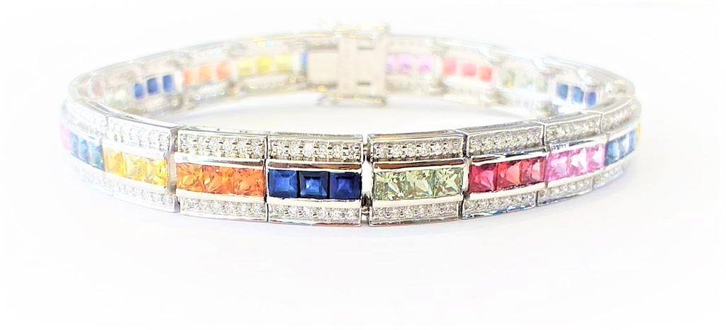Multicolor Sapphire and Diamond Bracelet in 14k White Gold